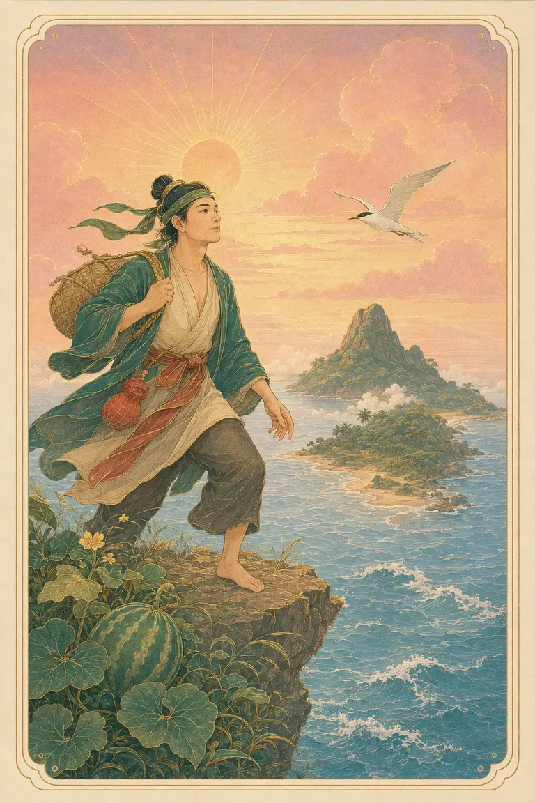 Minh họa nguyên bản The Fool: Mai An Tiêm bước bên vách đảo lúc bình minh, cạnh quả dưa và cánh chim