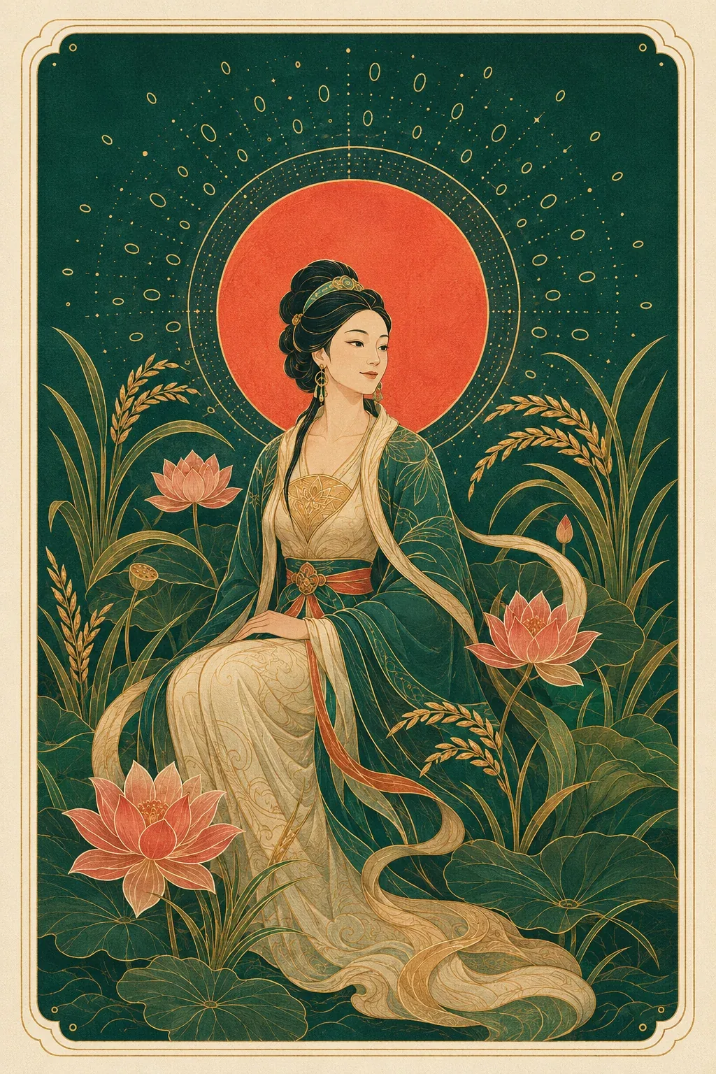 Minh họa nguyên bản The Empress: Âu Cơ trong y phục Việt cổ đứng giữa núi sông, lúa và bọc trăm trứng