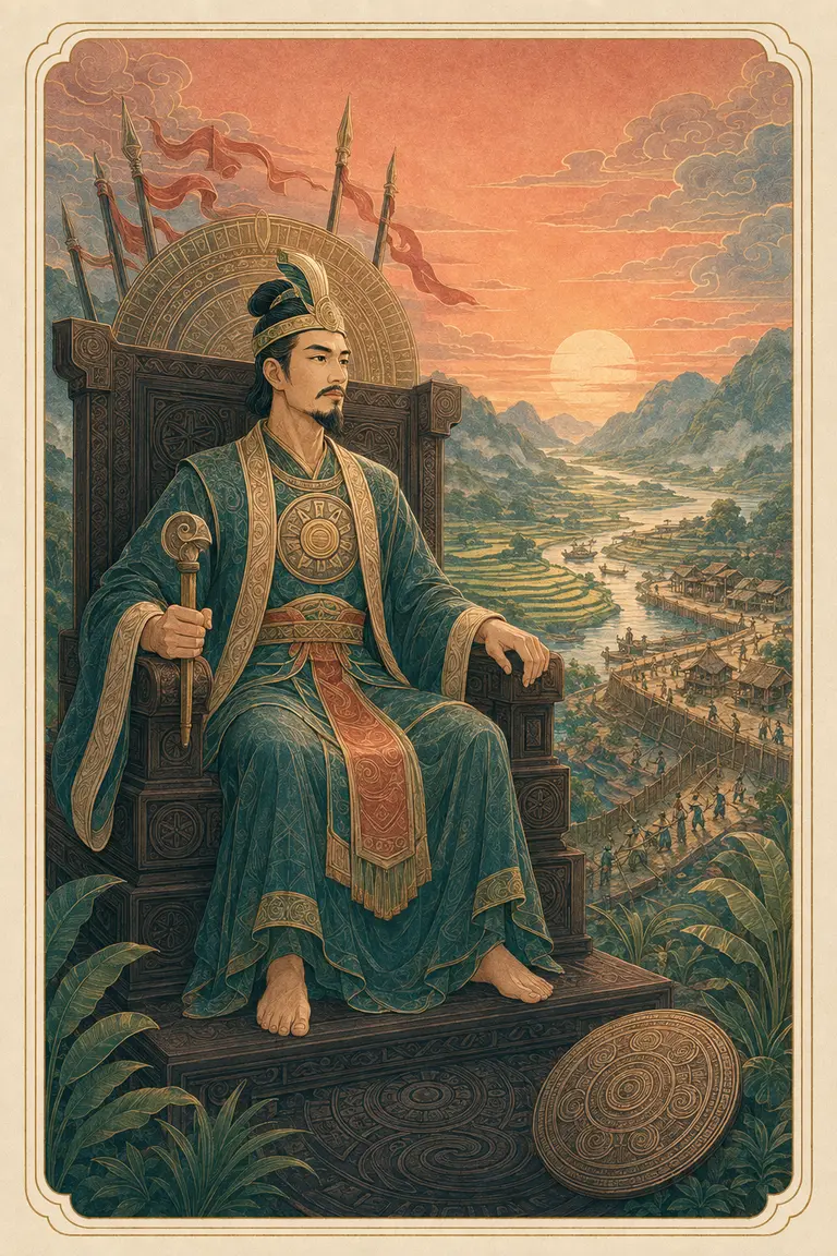 Minh họa nguyên bản The Emperor: Hùng Vương ngồi trên ngai gỗ, nhìn xuống ruộng đồng, trống đồng và cộng đồng Văn Lang