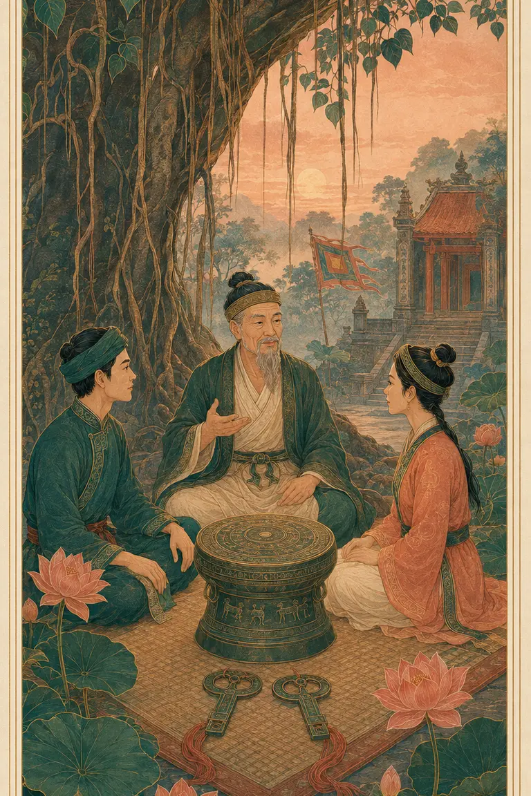 Minh họa nguyên bản The Hierophant: vị chủ lễ Việt cổ truyền dạy hai môn sinh trước bàn thờ tổ tiên và hoa văn trống đồng