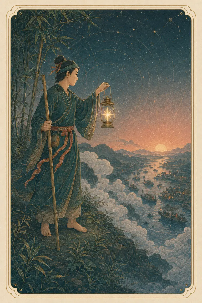 Minh họa nguyên bản The Hermit: Chử Đồng Tử cầm đèn đi một mình bên bờ sông mờ sương để tìm học đạo