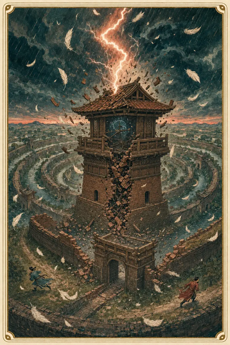 Minh họa nguyên bản The Tower: thành Cổ Loa nhiều vòng sụp đổ dưới tia sét khi nỏ thần bị đánh tráo, không có cảnh thương tích