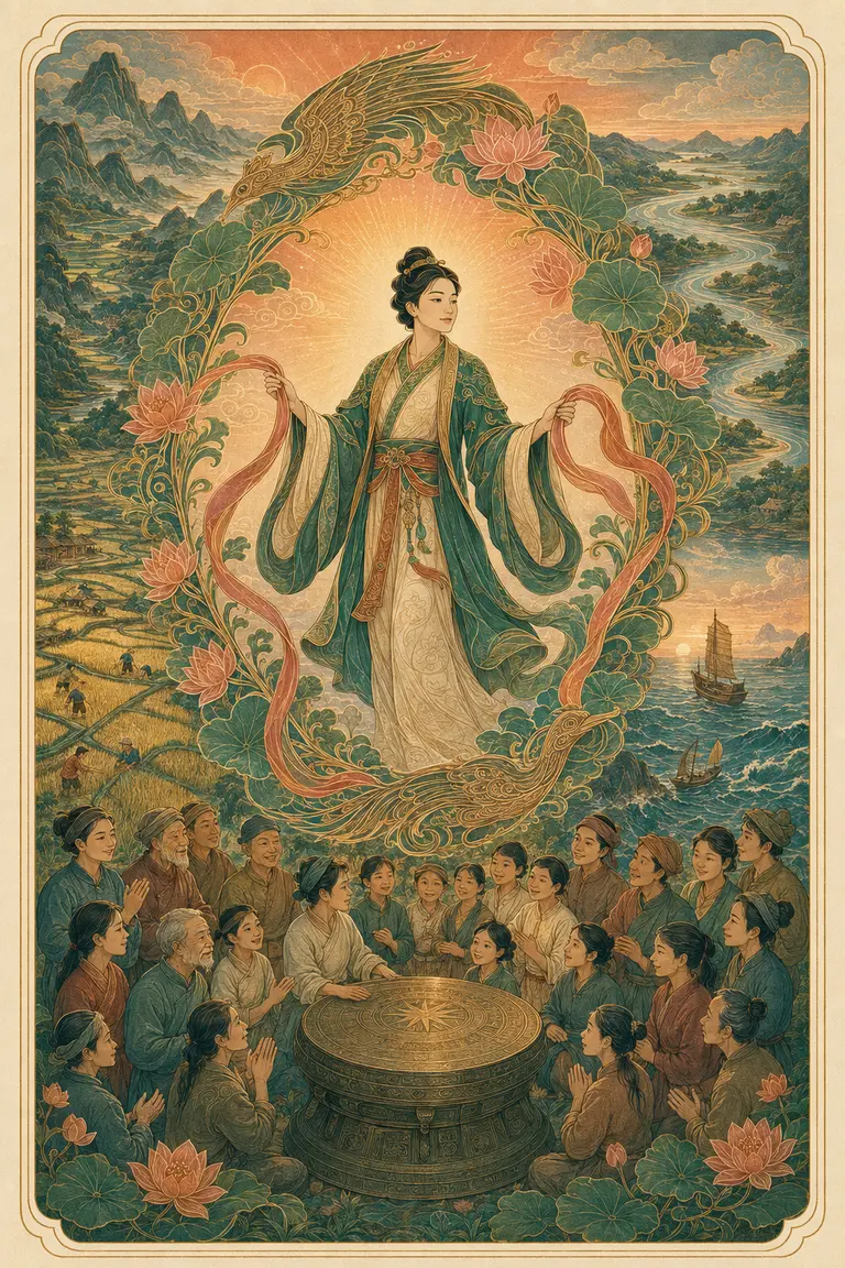 Minh họa nguyên bản The World: cộng đồng trăm con nối núi sông đồng bằng và biển trong vòng chim Lạc cùng hoa sen